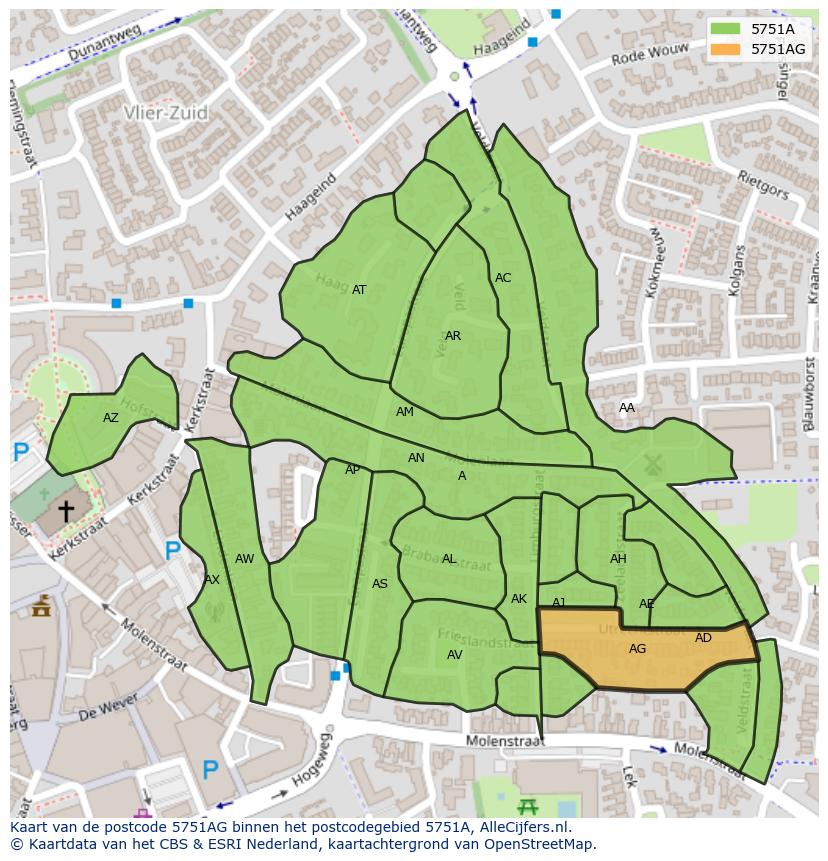 Afbeelding van het postcodegebied 5751 AG op de kaart.