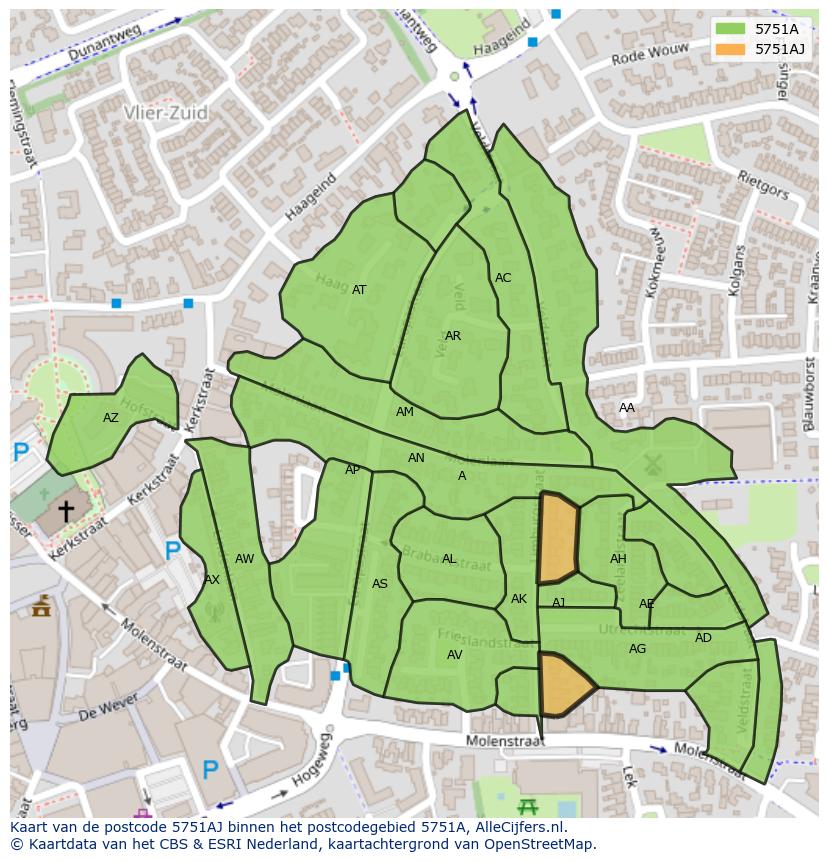 Afbeelding van het postcodegebied 5751 AJ op de kaart.