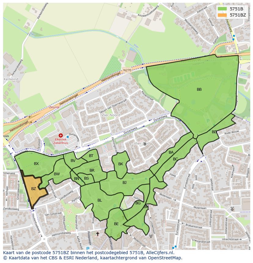 Afbeelding van het postcodegebied 5751 BZ op de kaart.