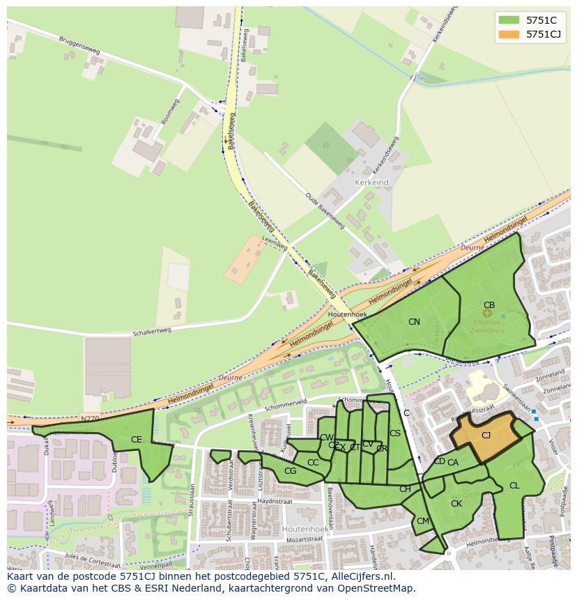 Afbeelding van het postcodegebied 5751 CJ op de kaart.
