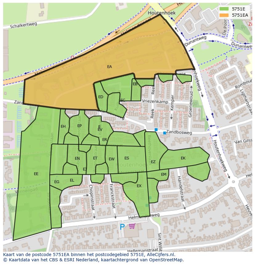 Afbeelding van het postcodegebied 5751 EA op de kaart.
