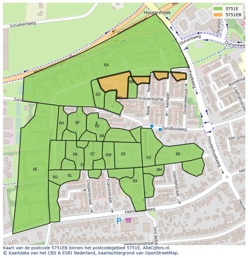 Afbeelding van het postcodegebied 5751 EB op de kaart.