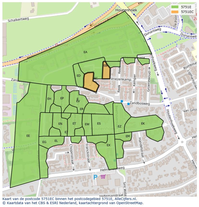 Afbeelding van het postcodegebied 5751 EC op de kaart.