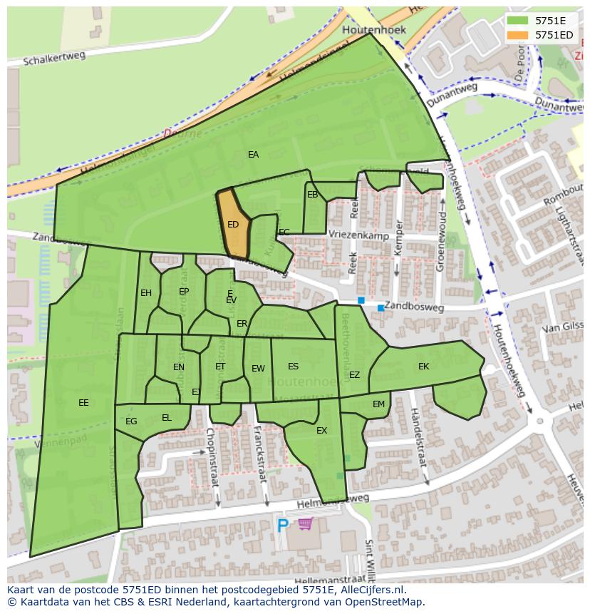 Afbeelding van het postcodegebied 5751 ED op de kaart.