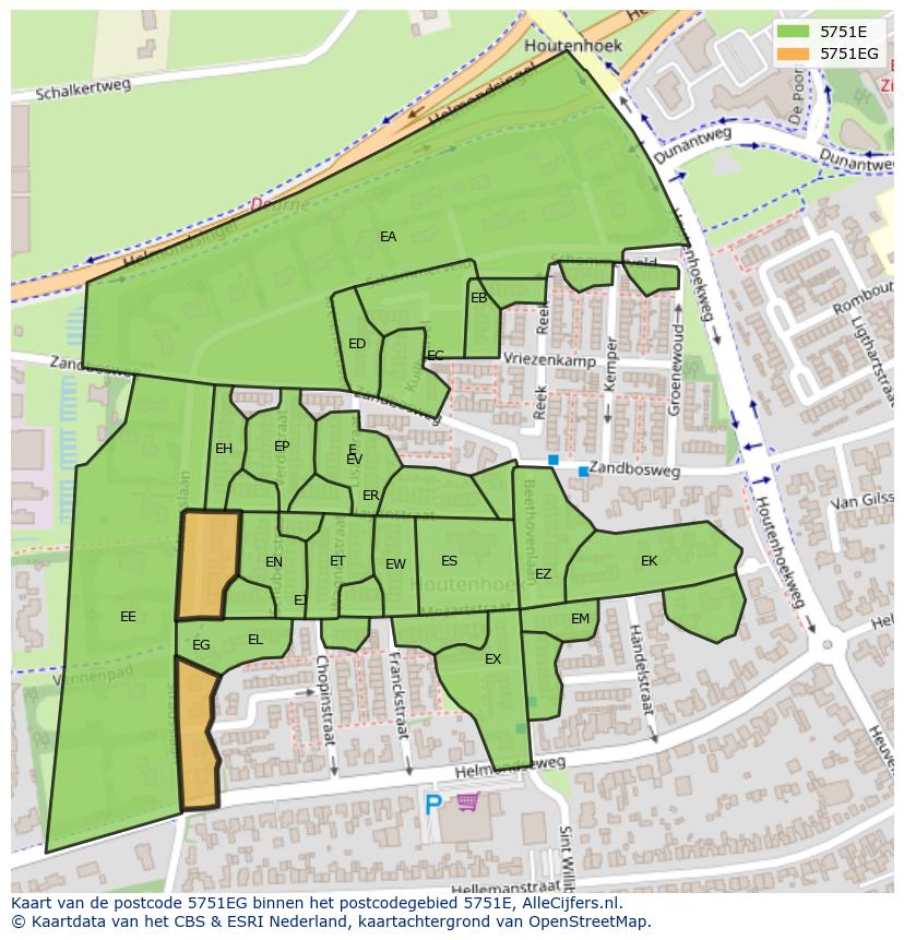 Afbeelding van het postcodegebied 5751 EG op de kaart.