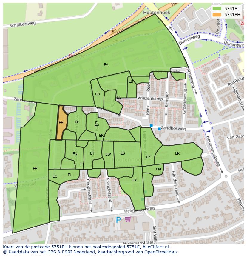 Afbeelding van het postcodegebied 5751 EH op de kaart.