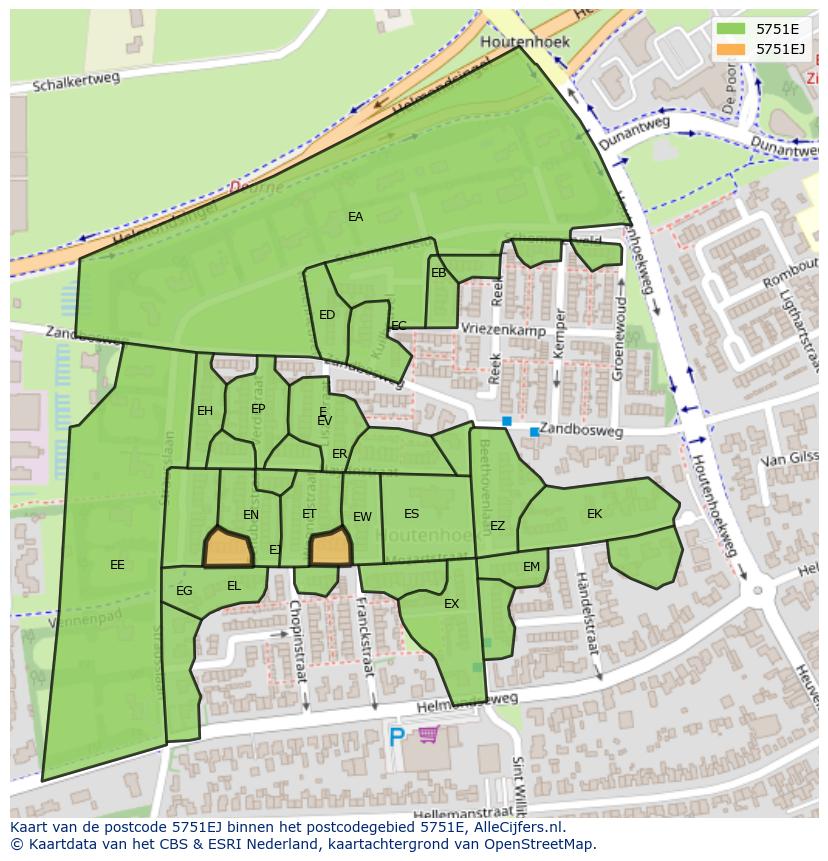 Afbeelding van het postcodegebied 5751 EJ op de kaart.