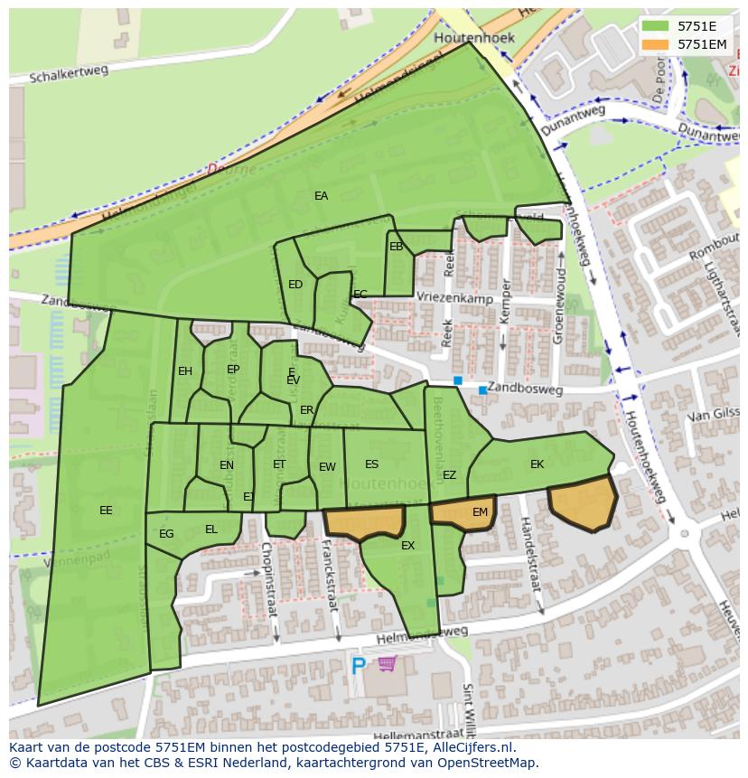 Afbeelding van het postcodegebied 5751 EM op de kaart.