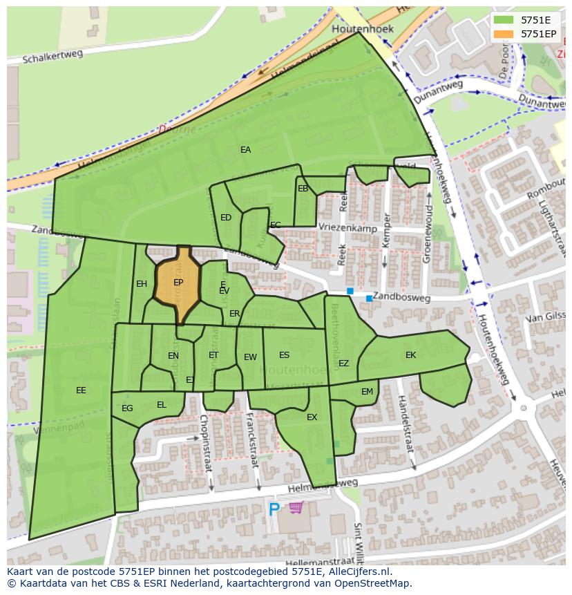 Afbeelding van het postcodegebied 5751 EP op de kaart.