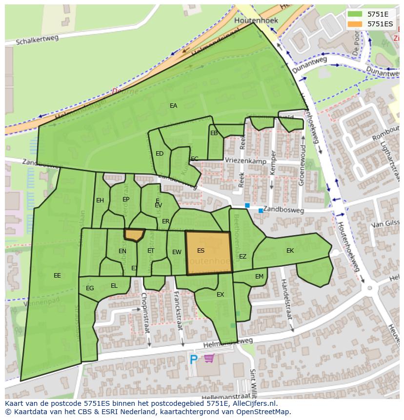 Afbeelding van het postcodegebied 5751 ES op de kaart.
