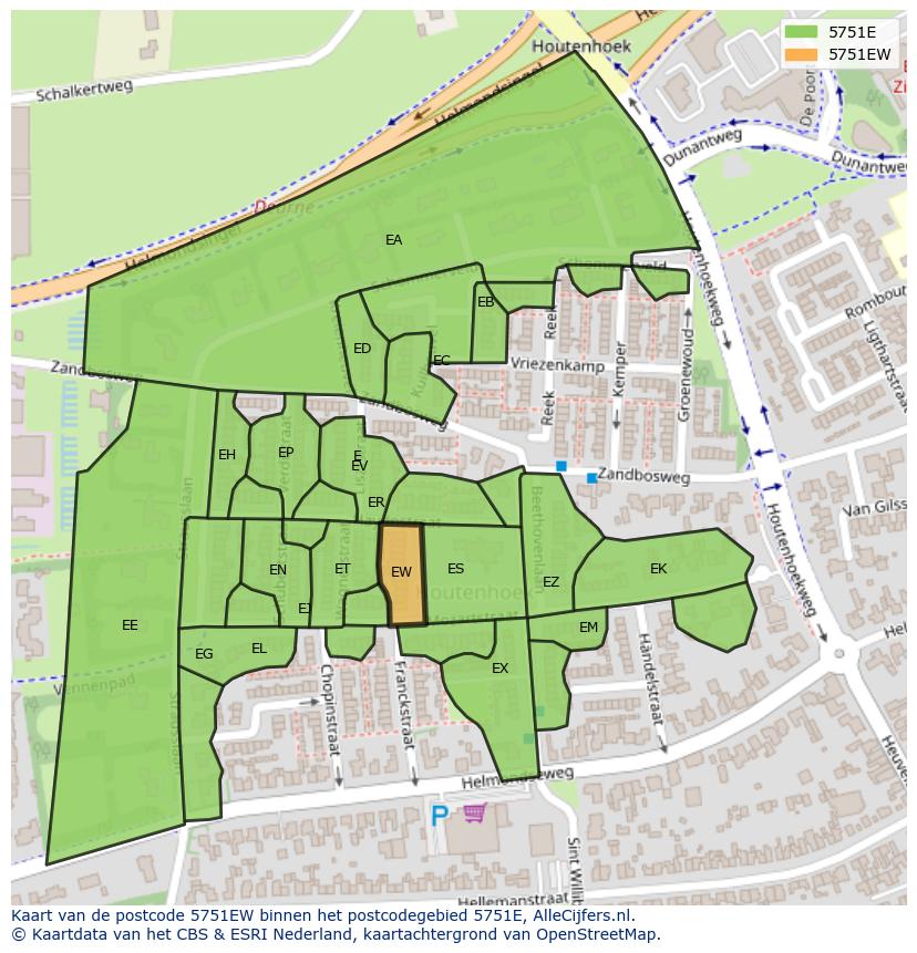 Afbeelding van het postcodegebied 5751 EW op de kaart.