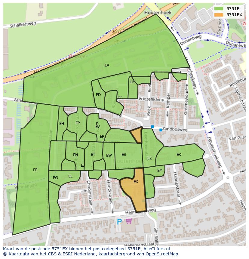 Afbeelding van het postcodegebied 5751 EX op de kaart.