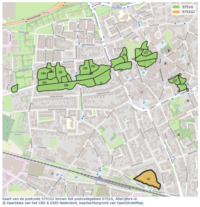 Afbeelding van het postcodegebied 5751 GJ op de kaart.