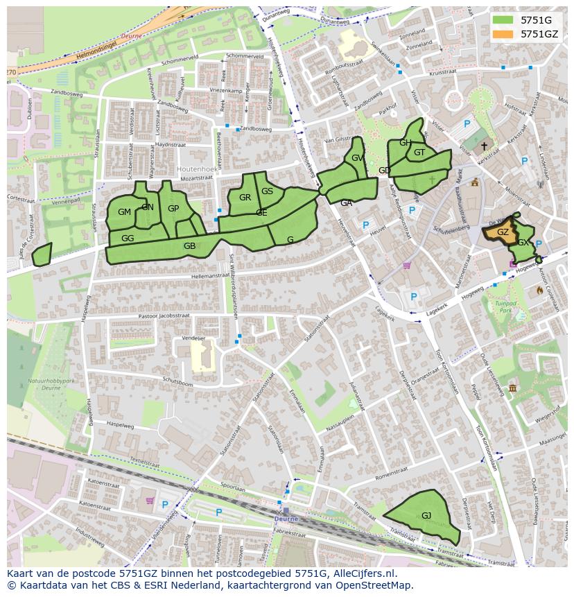 Afbeelding van het postcodegebied 5751 GZ op de kaart.