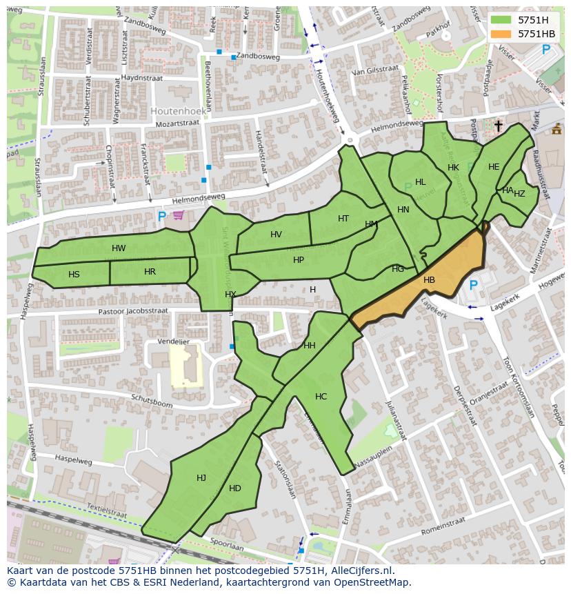 Afbeelding van het postcodegebied 5751 HB op de kaart.