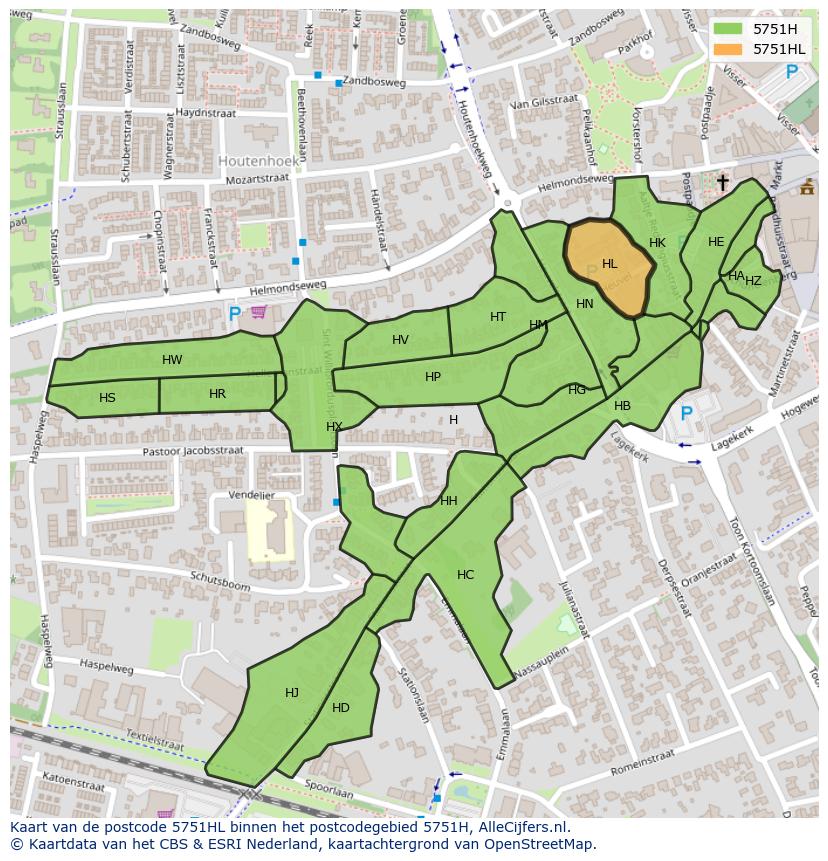 Afbeelding van het postcodegebied 5751 HL op de kaart.