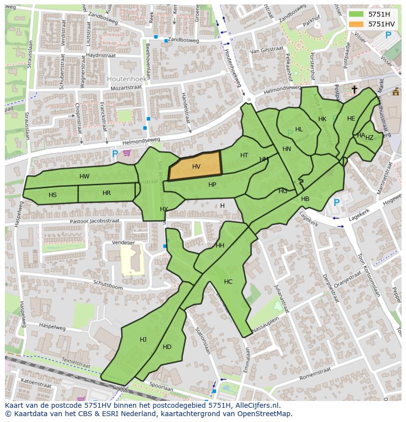 Afbeelding van het postcodegebied 5751 HV op de kaart.