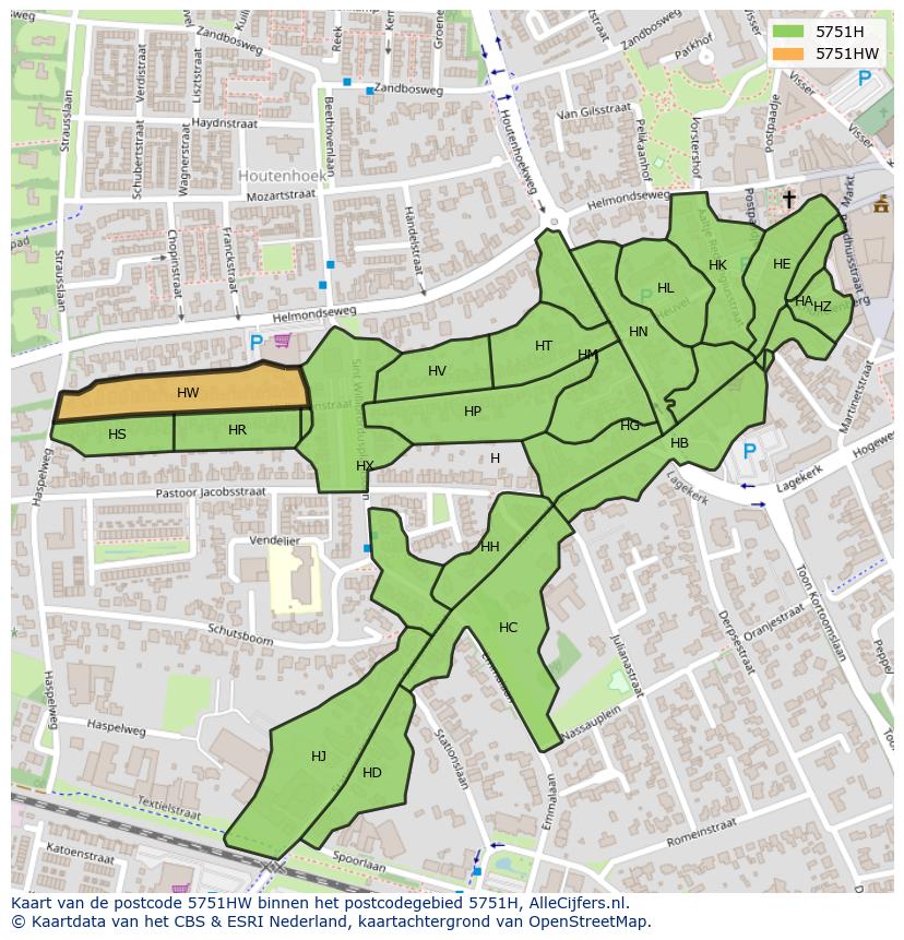 Afbeelding van het postcodegebied 5751 HW op de kaart.