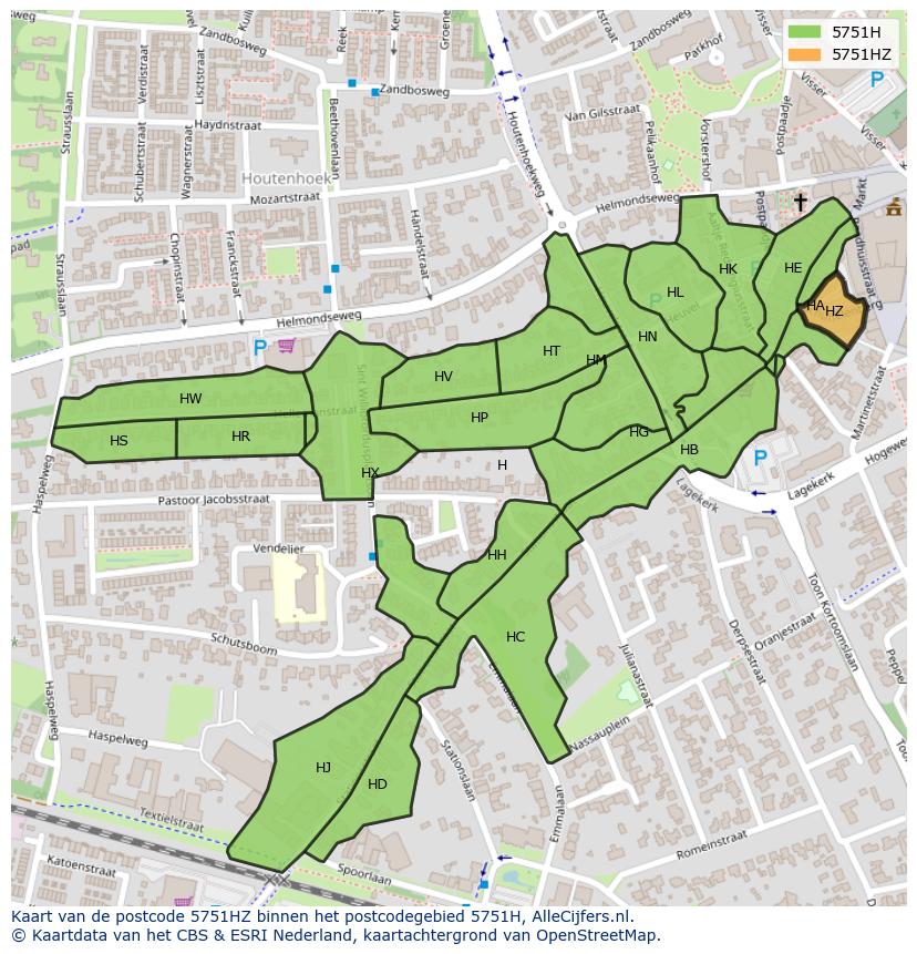 Afbeelding van het postcodegebied 5751 HZ op de kaart.