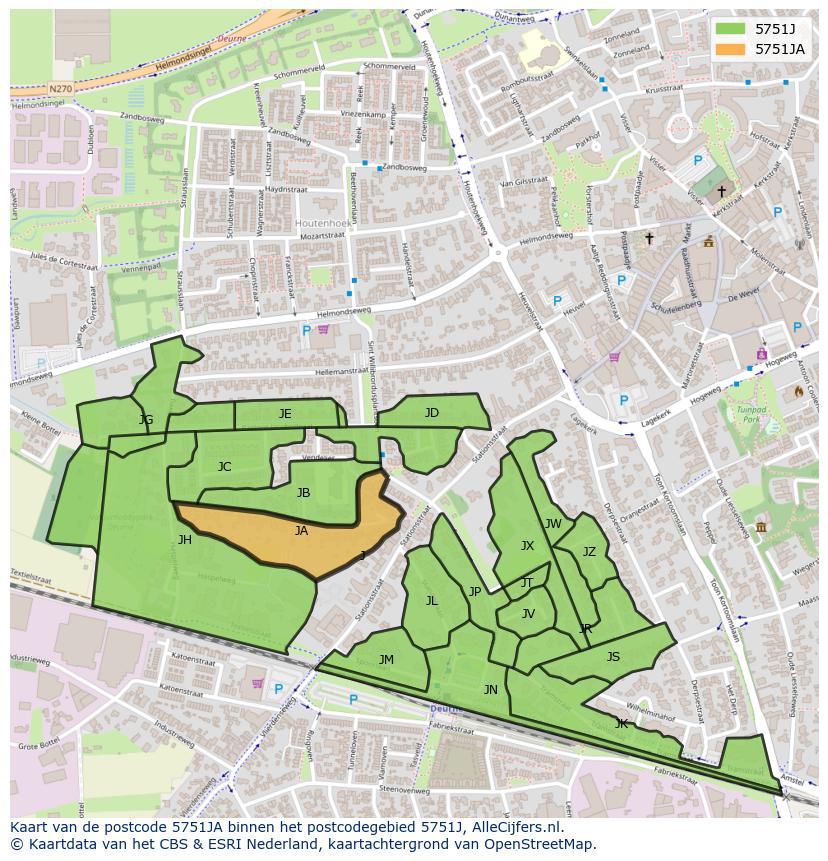 Afbeelding van het postcodegebied 5751 JA op de kaart.