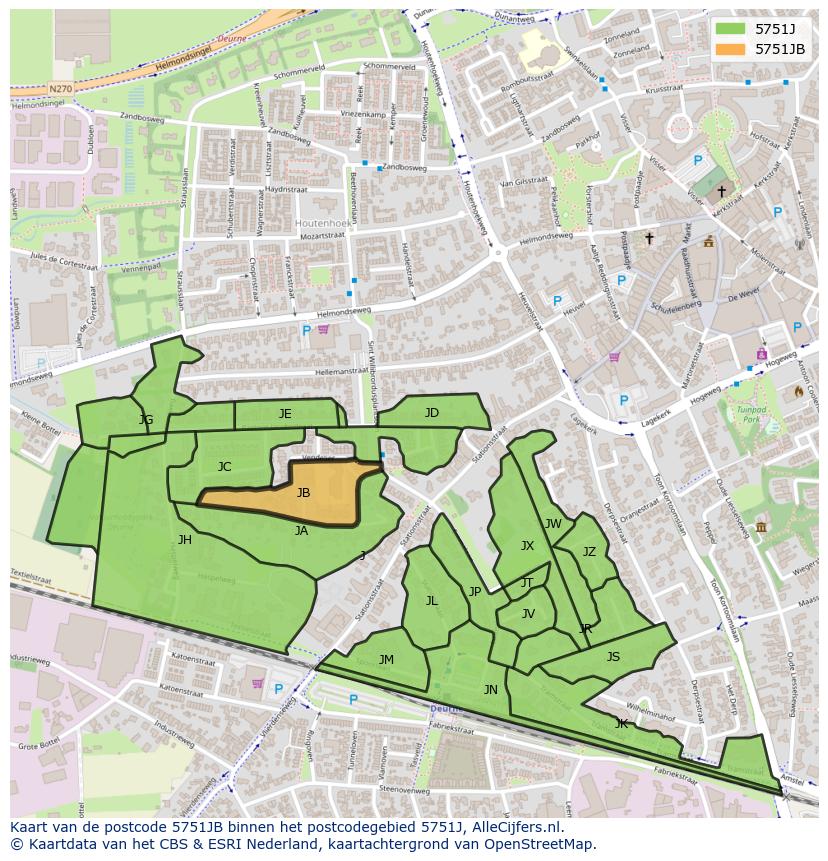 Afbeelding van het postcodegebied 5751 JB op de kaart.