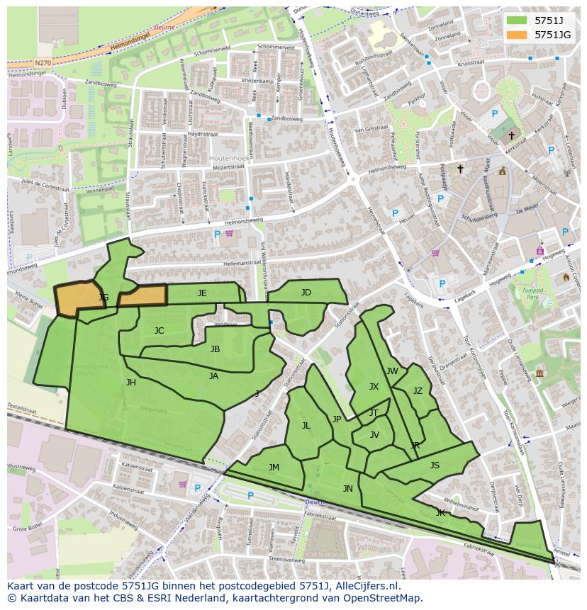 Afbeelding van het postcodegebied 5751 JG op de kaart.