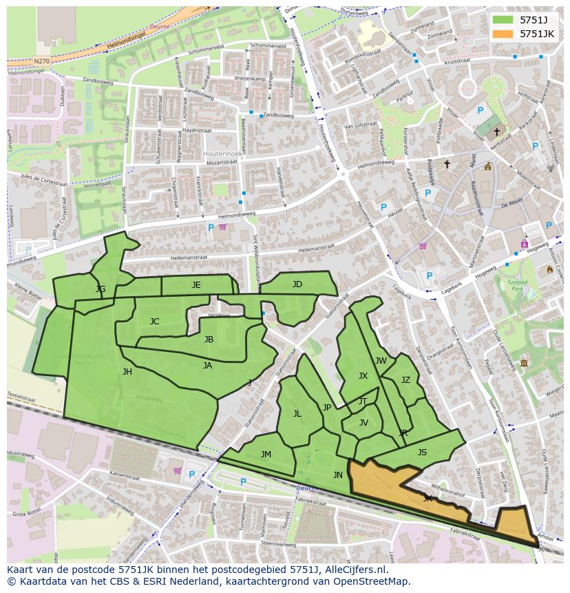 Afbeelding van het postcodegebied 5751 JK op de kaart.