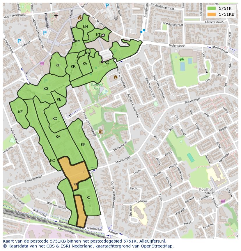 Afbeelding van het postcodegebied 5751 KB op de kaart.