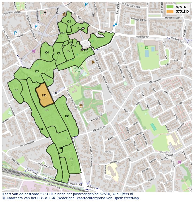 Afbeelding van het postcodegebied 5751 KD op de kaart.