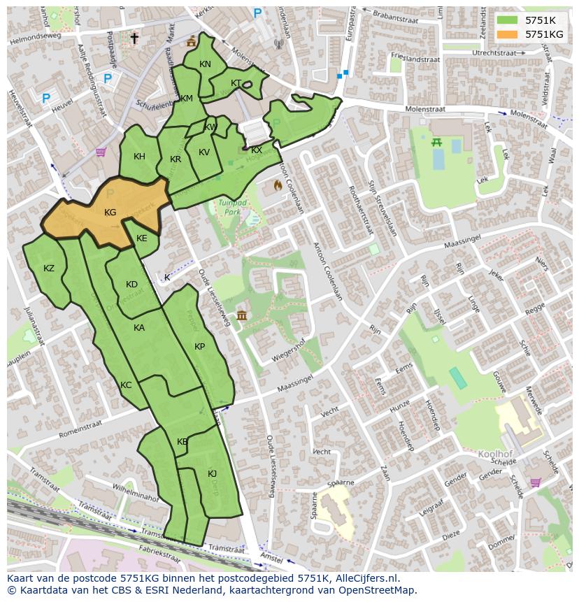 Afbeelding van het postcodegebied 5751 KG op de kaart.