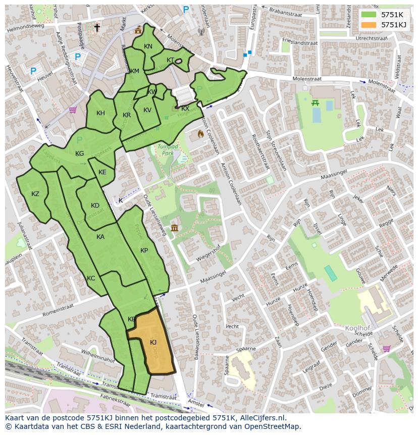 Afbeelding van het postcodegebied 5751 KJ op de kaart.