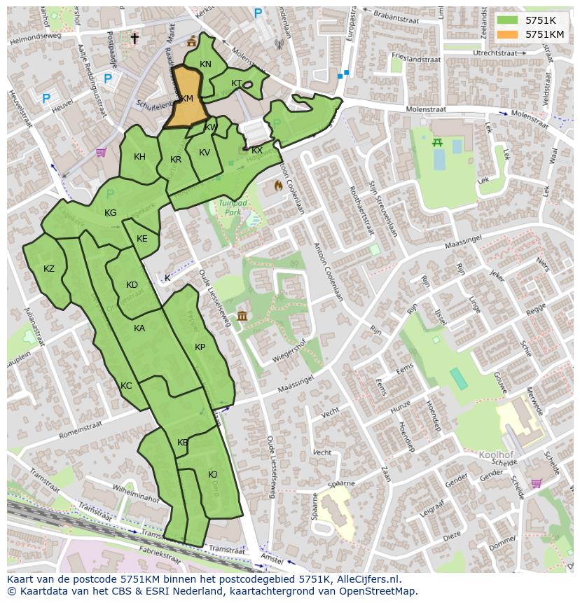 Afbeelding van het postcodegebied 5751 KM op de kaart.