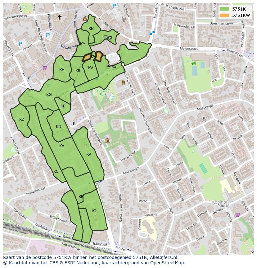 Afbeelding van het postcodegebied 5751 KW op de kaart.