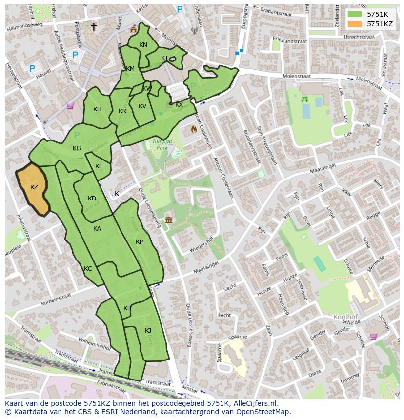Afbeelding van het postcodegebied 5751 KZ op de kaart.