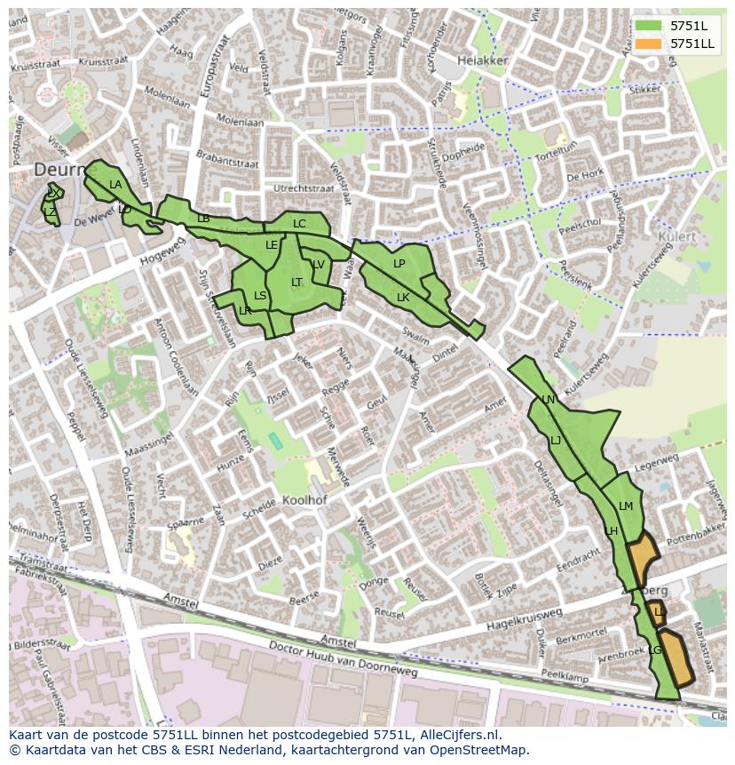 Afbeelding van het postcodegebied 5751 LL op de kaart.