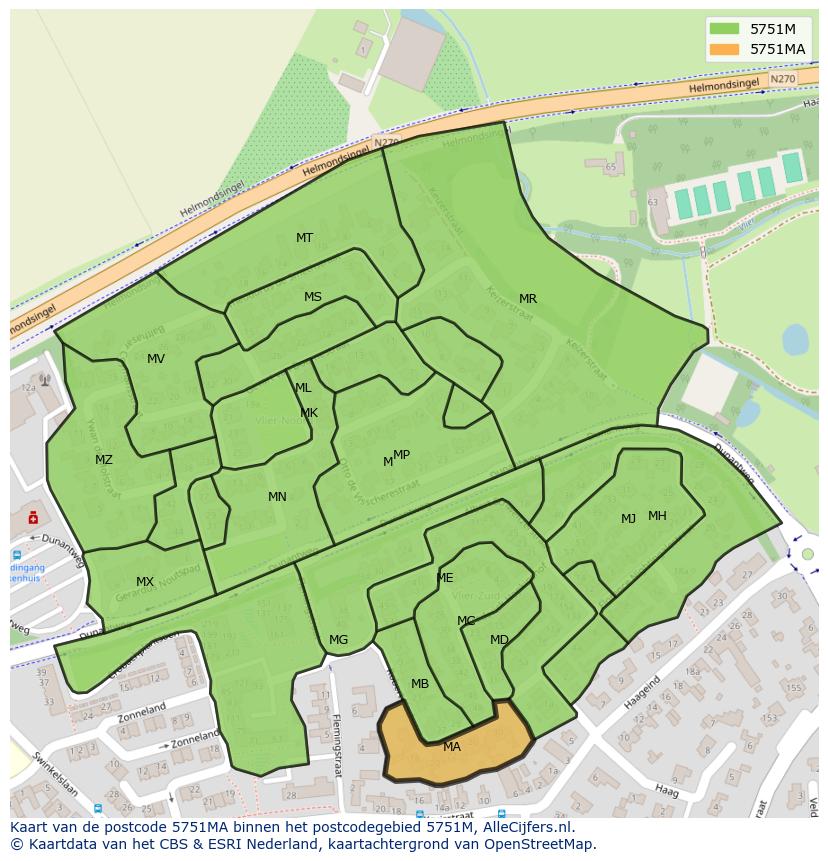 Afbeelding van het postcodegebied 5751 MA op de kaart.