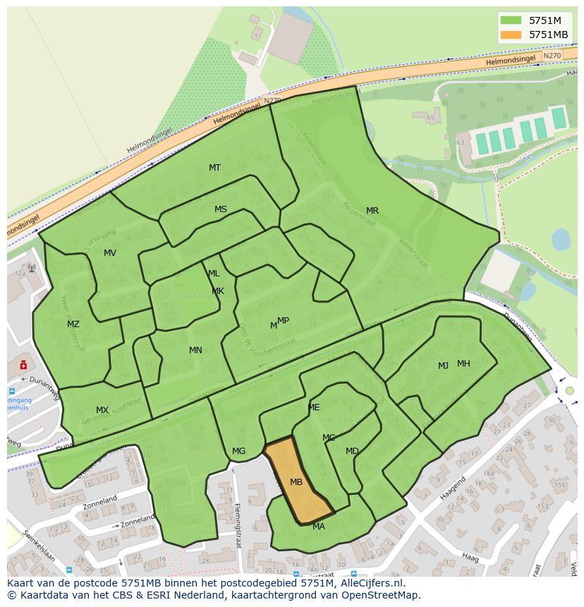 Afbeelding van het postcodegebied 5751 MB op de kaart.