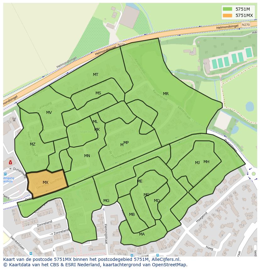 Afbeelding van het postcodegebied 5751 MX op de kaart.