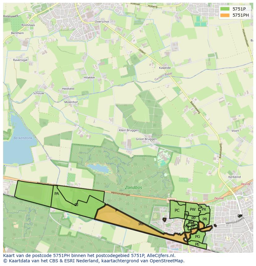 Afbeelding van het postcodegebied 5751 PH op de kaart.