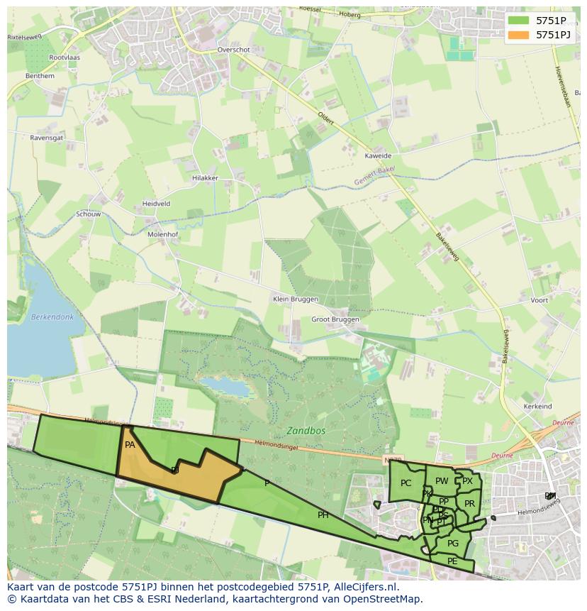 Afbeelding van het postcodegebied 5751 PJ op de kaart.