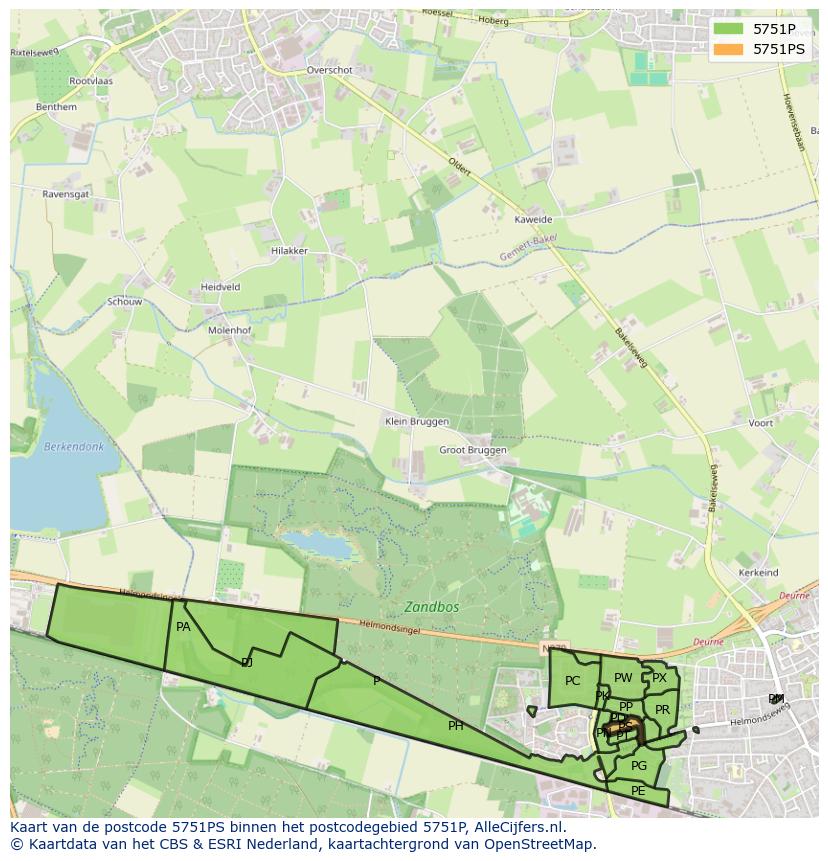Afbeelding van het postcodegebied 5751 PS op de kaart.