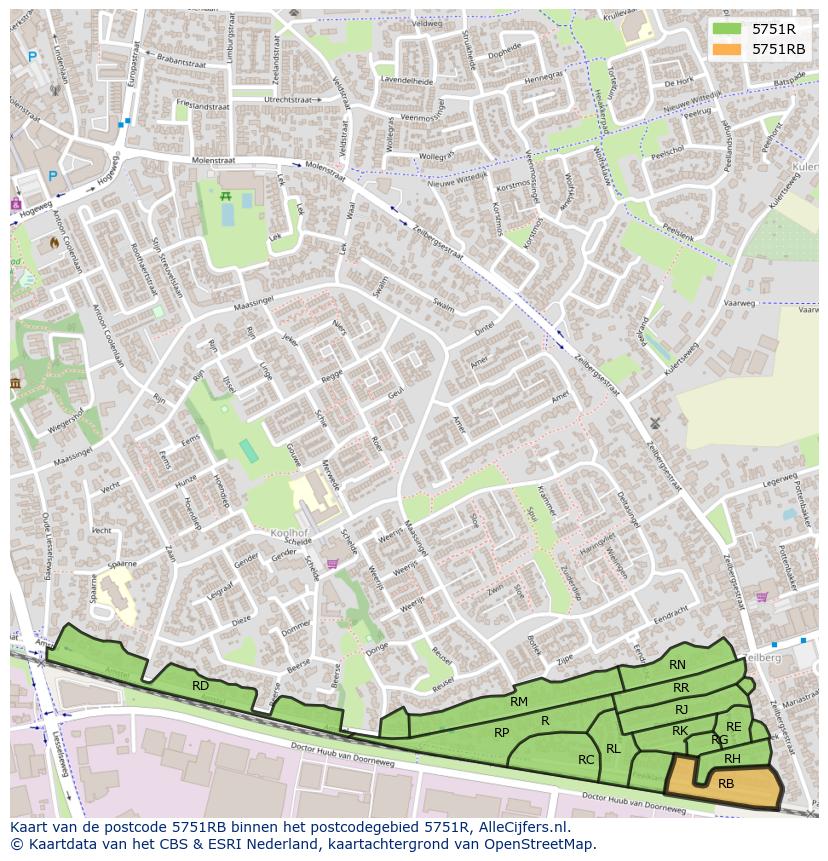 Afbeelding van het postcodegebied 5751 RB op de kaart.