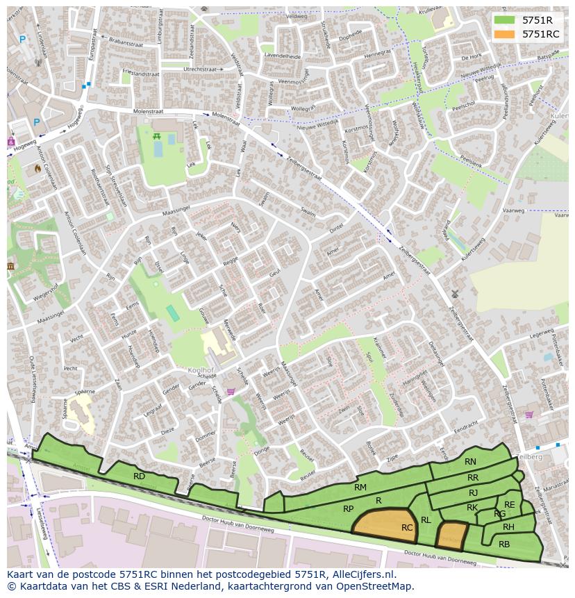 Afbeelding van het postcodegebied 5751 RC op de kaart.