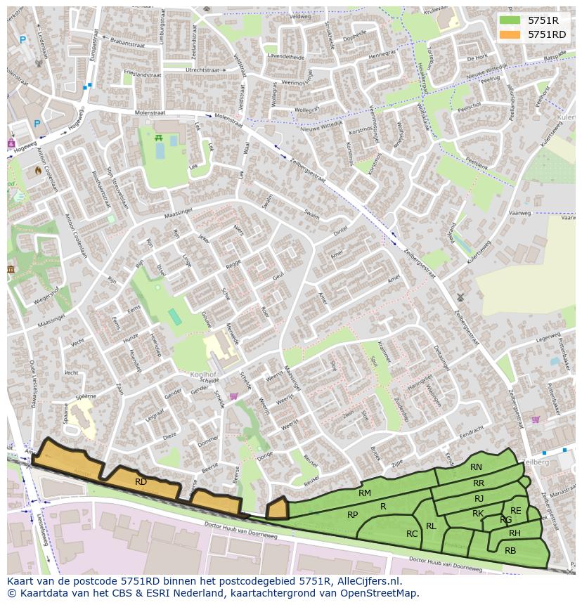 Afbeelding van het postcodegebied 5751 RD op de kaart.