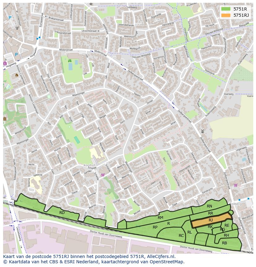Afbeelding van het postcodegebied 5751 RJ op de kaart.