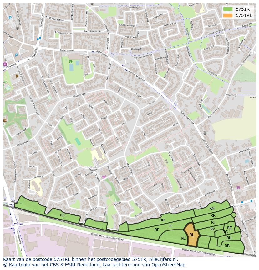 Afbeelding van het postcodegebied 5751 RL op de kaart.