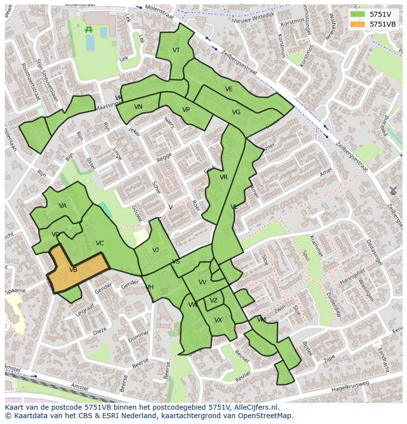 Afbeelding van het postcodegebied 5751 VB op de kaart.