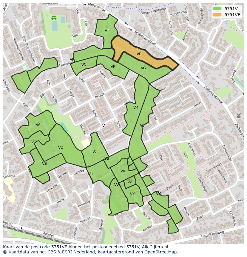 Afbeelding van het postcodegebied 5751 VE op de kaart.