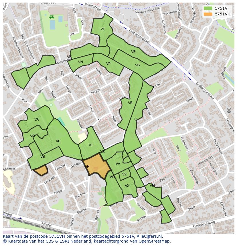Afbeelding van het postcodegebied 5751 VH op de kaart.