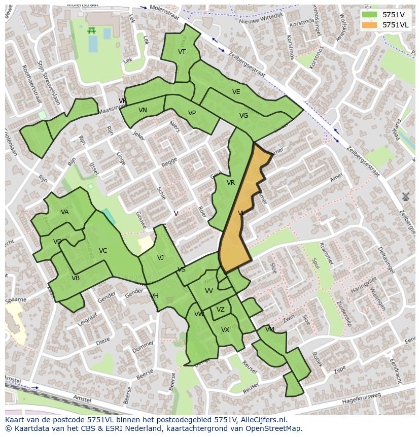 Afbeelding van het postcodegebied 5751 VL op de kaart.